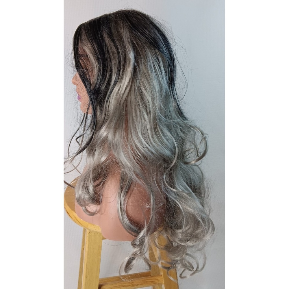 Curly Wavy Long synthetic Black Gray Silver Highlights middle Part hair wig 27" - Picture 3 of 11